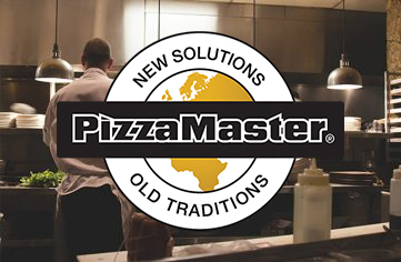 PizzaMaster logo with kitchen background